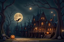Halloween Night Scene. A Full Moon Hangs Low In The Starry Sky, Casting An Eerie Glow Over A Haunted Forest