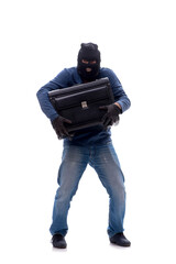 Young male burglar holding bag isolated on white