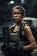 Female soldier wearing uniform and holding a maschine gun. 