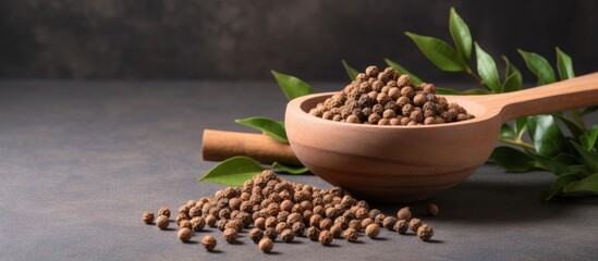 Aufkleber - Allspice on clay plate and wooden spoon on grey background