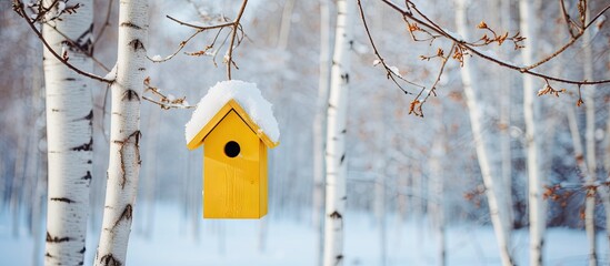 birch tree in winter park with a newly built yellow wooden birdhouse