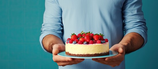 Caucasian man holding cheesecake plate with fruit copy space