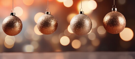 Poster - Christmas ornaments hanging on ribbon with blurred background