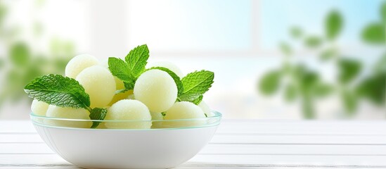 Aufkleber - Closeup of melon balls and mint in a bowl on white wooden table
