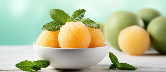 Aufkleber - Closeup of melon balls and mint in a bowl on white wooden table