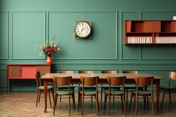 Wall Mural - A room with a table and chairs and a clock on the wall. Generative AI image.