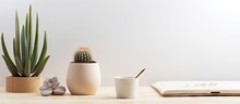Contemporary Indoor Office With Cactus Dried Flower Vase Wooden Calendar And Succulent In Ceramic Pot Stylish Desk Decoration At Home With Space For Notes