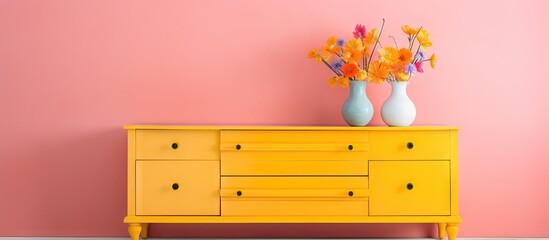 Poster - Contemporary drawer cabinet embellished by colorful wall in the room
