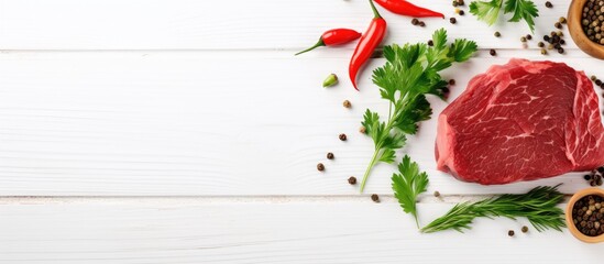 Aufkleber - Cooking concept with raw steak fresh ingredients and a wooden backdrop