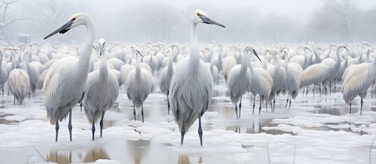 Cranes gathered at feeding sites in their wintering areas