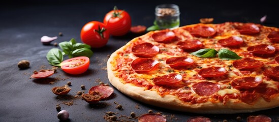 Poster - Delicious pepperoni pizza with fresh ingredients on concrete
