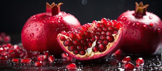 Dew on ripe pomegranate seeds