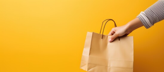 Wall Mural - Female hand holding shopping bags on yellow background Banner with space for text