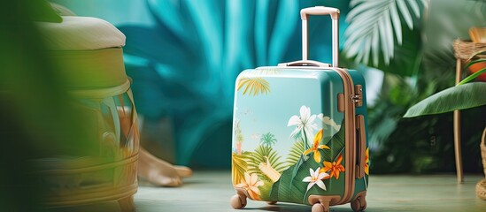 Wall Mural - Focus on suitcase in summer vacation concept with empty space for text