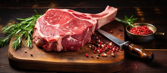Fototapete - Fresh veal shank on wooden cutting board with cleaver