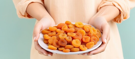 Poster - Healthy dried apricots on a plate woman holding it
