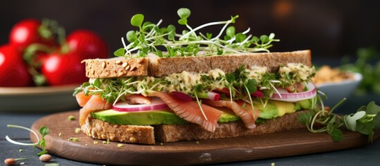 Aufkleber - Healthy fast food sandwich with avocado salmon green onions gluten free bread radishes and tomatoes