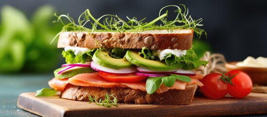 Aufkleber - Healthy fast food sandwich with avocado salmon green onions gluten free bread radishes and tomatoes