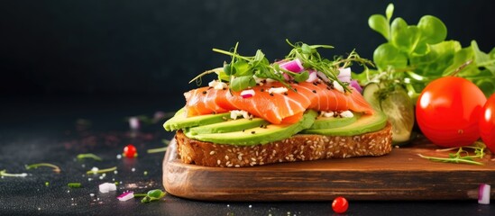 Aufkleber - Healthy fast food sandwich with avocado salmon green onions gluten free bread radishes and tomatoes