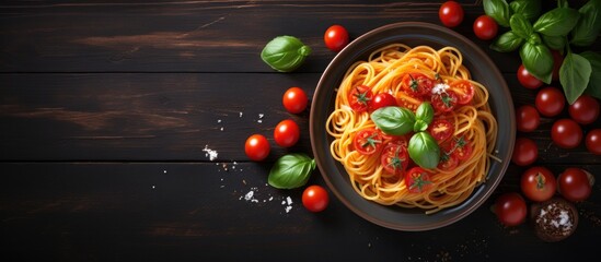 Poster - Homemade Italian pasta with tomato sauce cherry tomatoes and basil