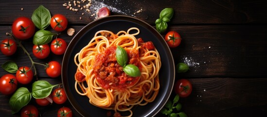 Poster - Homemade Italian pasta with tomato sauce cherry tomatoes and basil