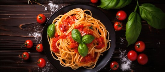 Poster - Homemade Italian pasta with tomato sauce cherry tomatoes and basil