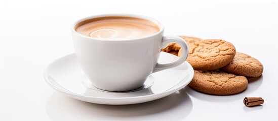 Isolated espresso cup with cinnamon cookie on white