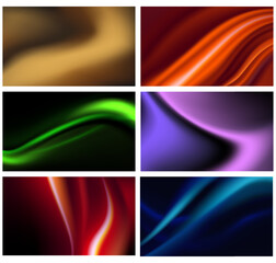 Wall Mural - Set of 6 colorful dynamic backgrounds with blurred vivid curves. Abstract fluid wavy neon wallpapers for website page, banner, poster, etc. Cyber space, technology digital backdrop covers