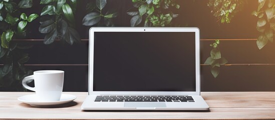 Sticker - Person using laptop with empty screen mockup at home for work