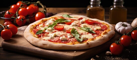 Poster - Pizzeria wallpaper featuring homemade Italian pizza with traditional cheese and fresh ingredients