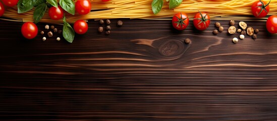 Poster - Raw pasta and tomatoes on wooden surface
