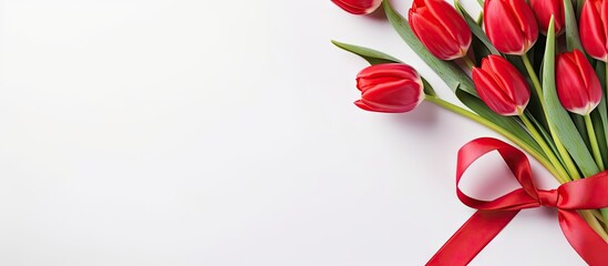 Poster - Red tulips bouquet on white background Spring flowers for Valentine s Woman s and Mother s Day Top view copy space