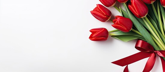 Poster - Red tulips bouquet on white background Spring flowers for Valentine s Woman s and Mother s Day Top view copy space