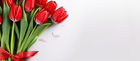 Poster - Red tulips bouquet on white background Spring flowers for Valentine s Woman s and Mother s Day Top view copy space