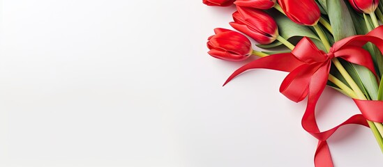 Poster - Red tulips bouquet on white background Spring flowers for Valentine s Woman s and Mother s Day Top view copy space