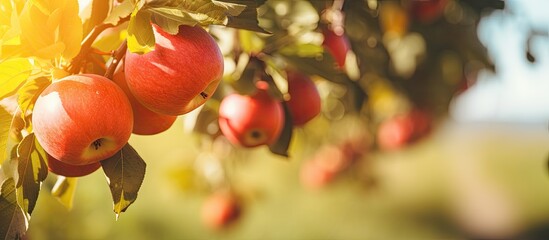 Aufkleber - Selective focus background of apple tree branch with apples in a fruit garden during summer or autumn harvest
