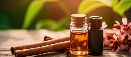 Aufkleber - Selective focus on a small bottle of nature s cinnamon essential oil