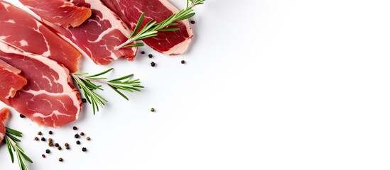 Fototapete - Slices of traditional dried cured pork with fresh herbs on white background top view with space for text