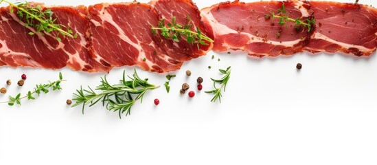 Fototapete - Slices of traditional dried cured pork with fresh herbs on white background top view with space for text