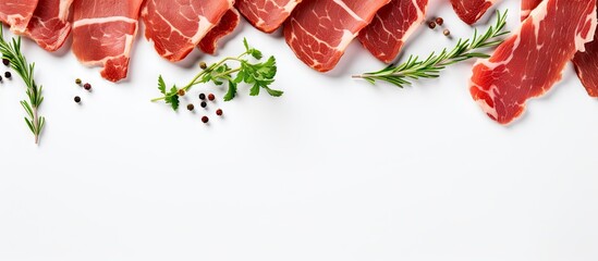Fototapete - Slices of traditional dried cured pork with fresh herbs on white background top view with space for text