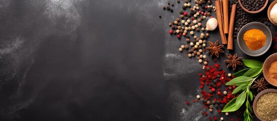 Aufkleber - Spices and herbs on stone table with room for text