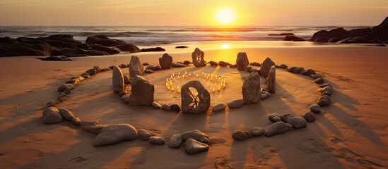 Sunset beach ritual with arranged circle of spiritual stones