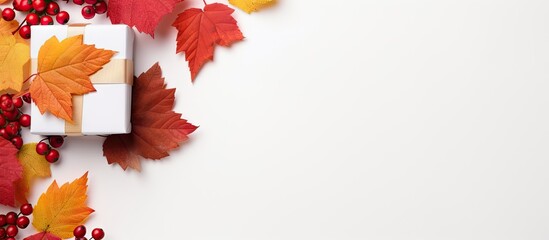 Aufkleber - Top view of a white background with a gift box viburnum and autumn leaves