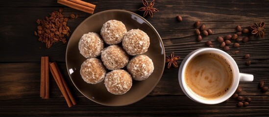 Fototapete - Top view of nut ball dessert served on dark wooden table with coffee