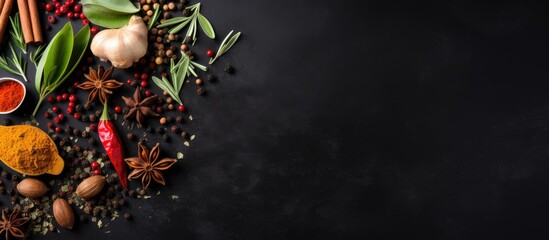 Wall Mural - Top view of spices and herbs on black stone background with room for text