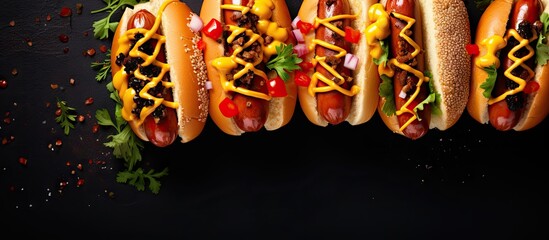 Poster - Various fillings on hot dogs Dark background Food background with space for text Overhead view Hot dogs with condiments lettuce cheese and tomatoes