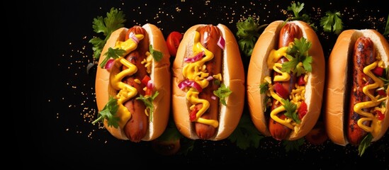 Poster - Various fillings on hot dogs Dark background Food background with space for text Overhead view Hot dogs with condiments lettuce cheese and tomatoes