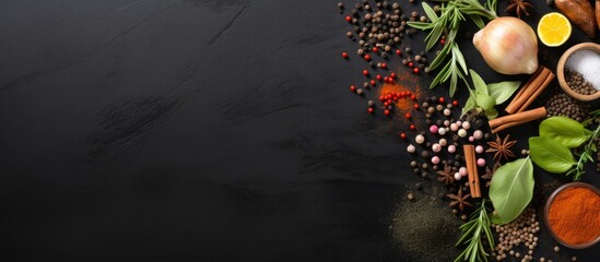 Aufkleber - Wooden cutting board with spices and herbs on a black stone table Placeholder for menu or recipe background