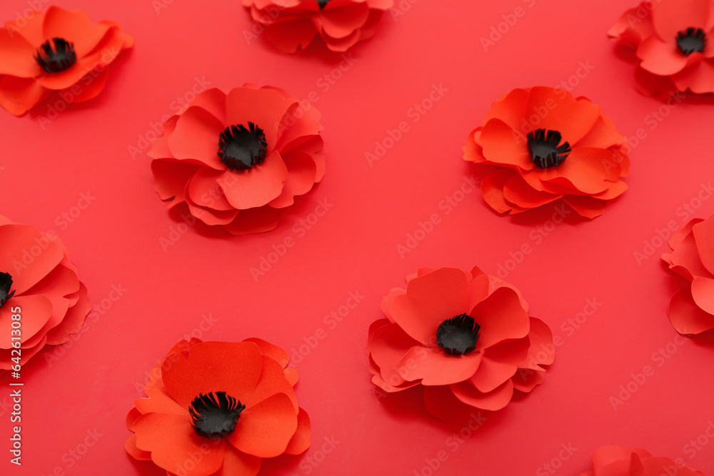 Many poppy flowers on red background. Remembrance Day in Canada