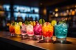 Alcohol cocktails in different colors on the bar. High quality photo
